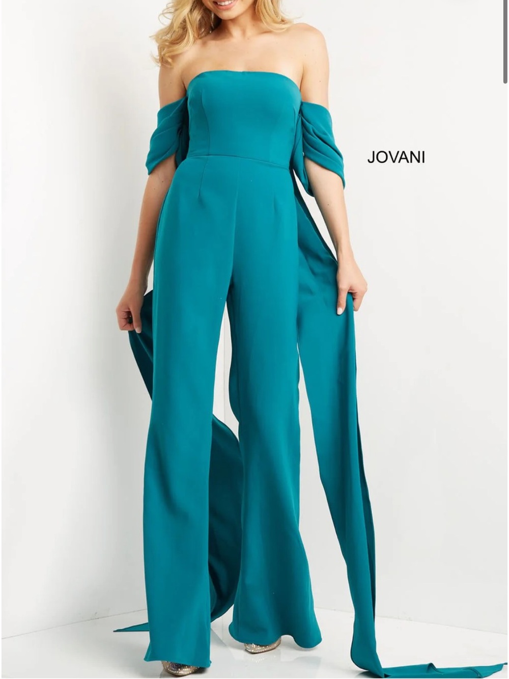 Brand New Jovani Royal Blue Strapless Wide-Leg Jumpsuit with Draped Sleeves
